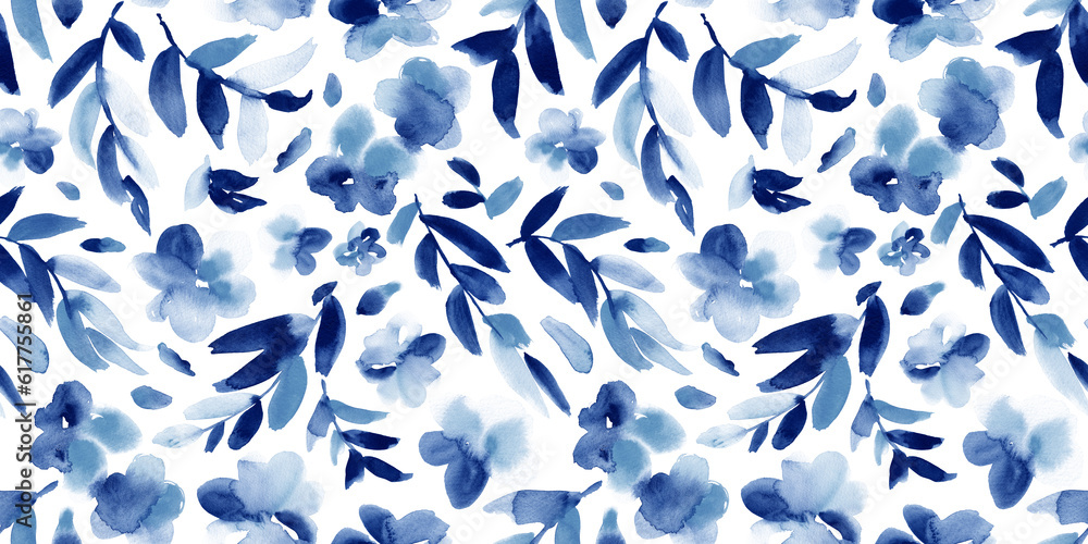 custom made wallpaper toronto digitalWatercolor floral print in blue and white. Seamless pattern.