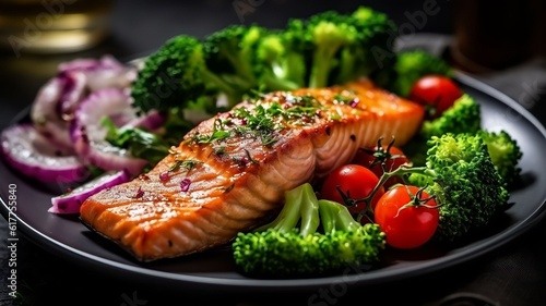 Fotografia Grilled salmon fish fillet and fresh green leafy vegetable salad with tomatoes,
