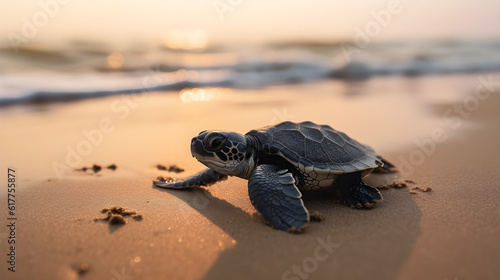 baby turtle after hatch crawling to the beach created with Generative AI