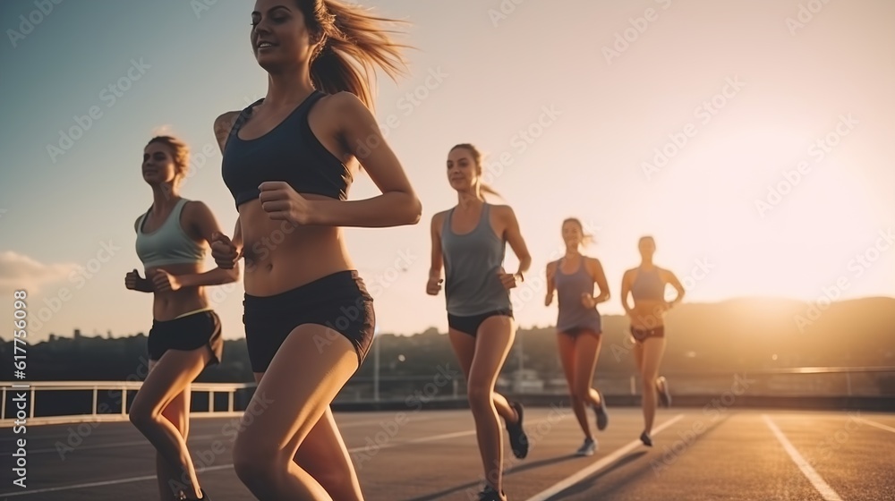 Fototapeta premium Active lifestyle concept with a group of friends. Happy runner couple exercising outside as part of healthy lifestyle. People sport running concept. Generative ai.