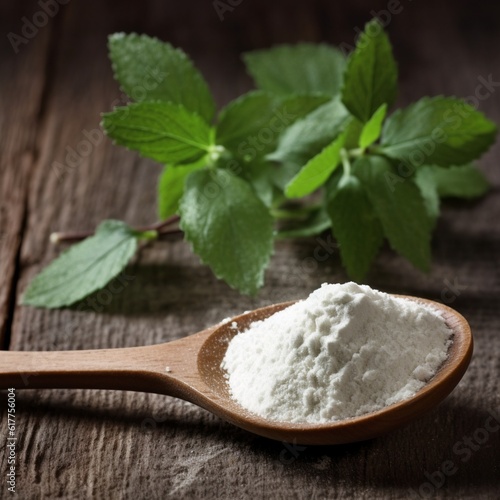 stevia sugar powder in the wooden spoon, with fresh stevia leaves, on wooden background. generative ai photo