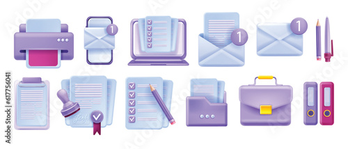 3D document icon vector set, paper report form kit, digital agreement survey, office paperwork sign. Copy print device, work brief note, inbox envelope, portfolio folder, contract stamp. 3D document