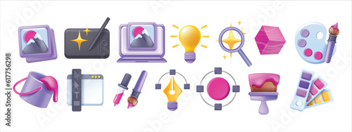 3D design creative icon set, vector utility logo pictogram kit, idea project art process concept. Drawing studio, portfolio image, digital drawing paint bucket, palette, brush. Design icon UI symbol