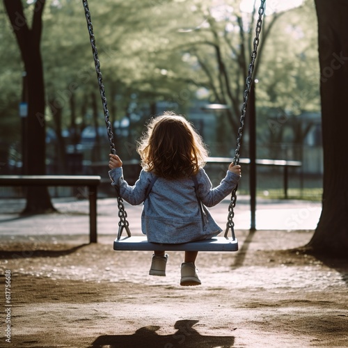 a little girl sitting on a swing in a park