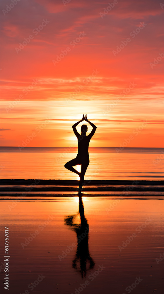 Serene beach yoga at sunset, woman in silhouette practicing yoga on the beach, yoga and mindfulness concept, generative AI.