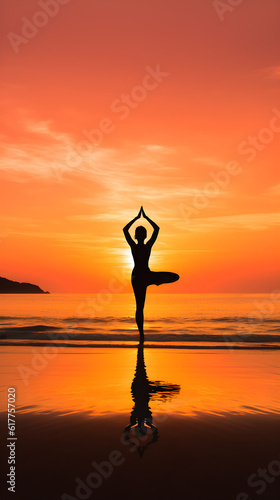 calming yoga silhouette at sunrise on the beach, serene meditation and relaxation, wellness and health, generative AI