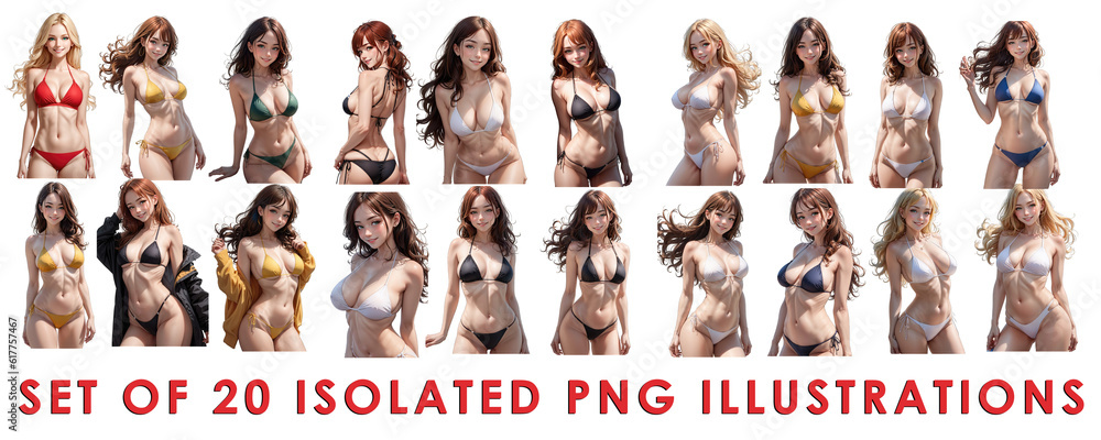 Set of Cute sexy woman in bikini swimsuit. Collection of 20 illustrations, PNG isolated transparent background anime style cartoon collage - obrazy, fototapety, plakaty 
