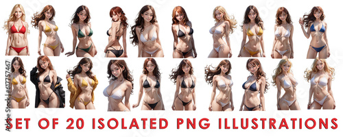 Set of Cute sexy woman in bikini swimsuit. Collection of 20 illustrations, PNG isolated transparent background anime style cartoon collage