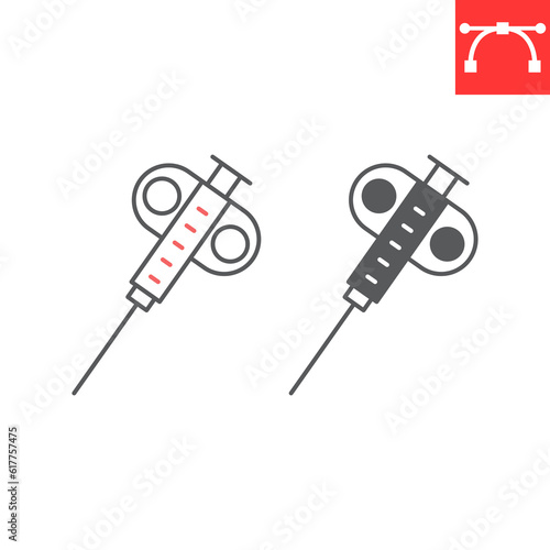 Biopsy device line and glyph icon, oncology and diagnostics, biopsy needle vector icon, vector graphics, editable stroke outline and solid sign, eps 10.