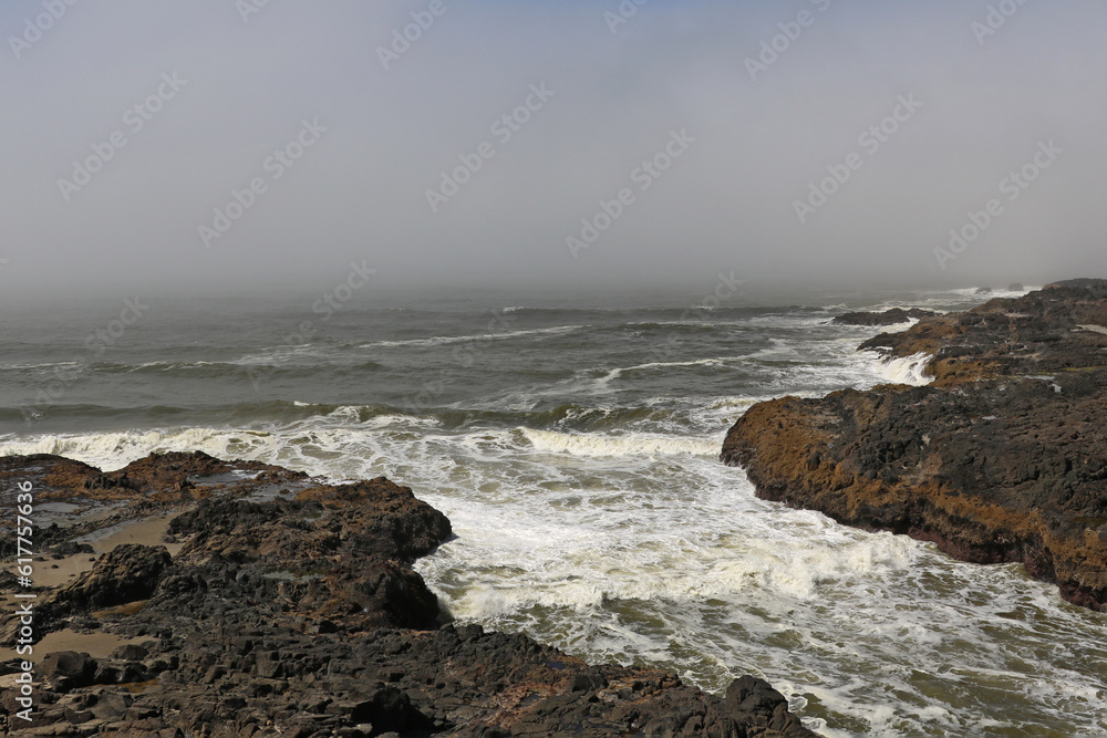 Rocky coast in America. The waves crash against the rocks.