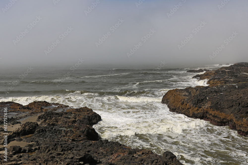 Rocky coast in America. The waves crash against the rocks. Rocky coast in America. The waves crash against the rocks.