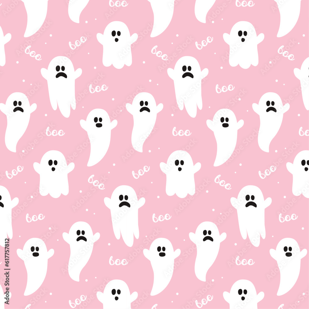 Pink cute halloween ghost seamless pattern repeat print background. Vector illustration. Great for kids and home decor projects. Surface pattern design. Pink cute halloween ghost seamless pattern repeat print background. Vector illustration. Great for kids and home decor projects. Surface pattern design.