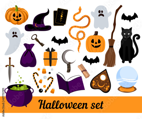 Halloween element set: witch hat, ghost, spooky pumpkin, candy, cat, dagger, cards, cauldron, gift, bat, snake, magic layer. Perfect for scrapbooking, greeting card, party invitation, poster, tag. © Тетяна Яцишина