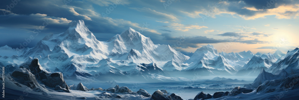 Snowy mountains, banner. AI generative.