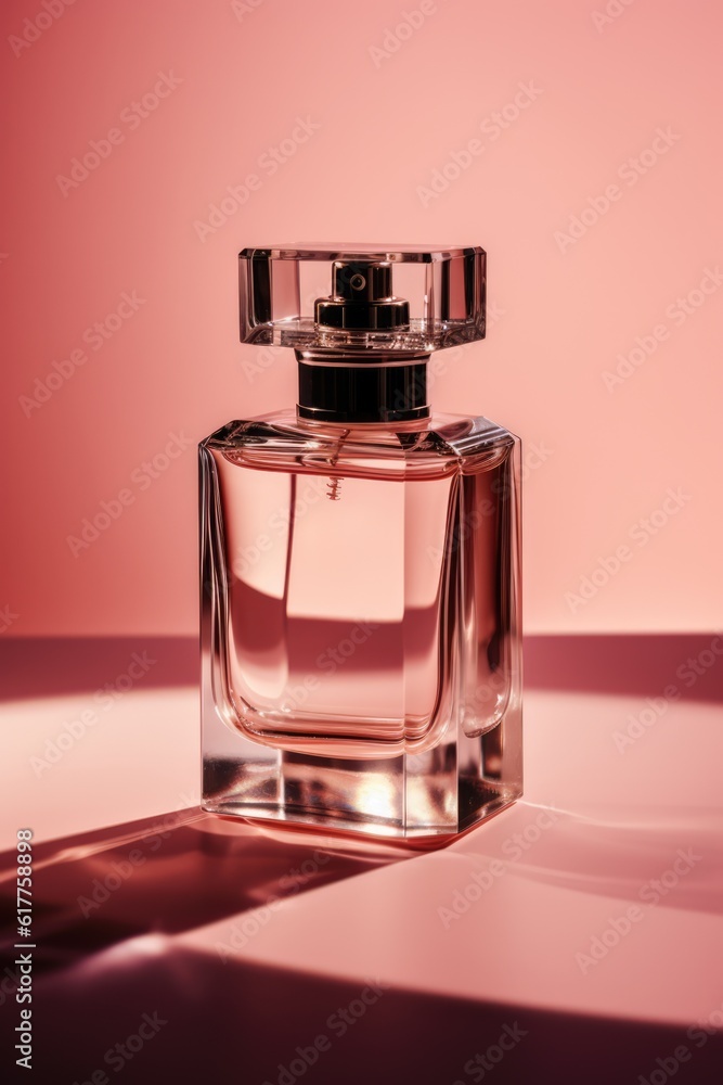 Rectangular glass perfume bottle in pink light, created using generative ai technology Rectangular glass perfume bottle in pink light, created using generative ai technology