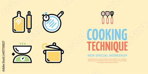 Cooking Techniques New Special Workshop Horizontal Placard Poster Banner Card Template Courses for All. Vector illustration