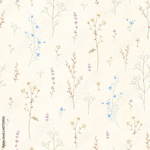 Seamless floral pattern with meadow dried flowers on beige paper background. Watercolor hand drawn illustration sketch