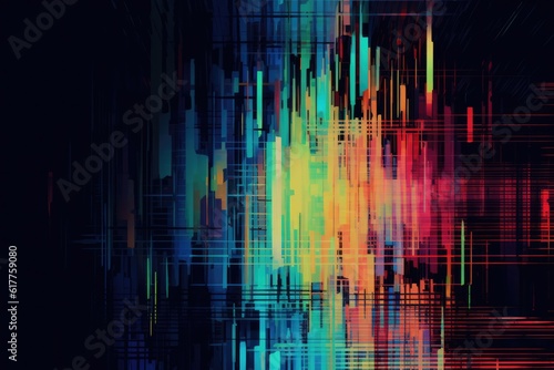 Glowing colourful interference lines and grids on black, created using generative ai technology photo