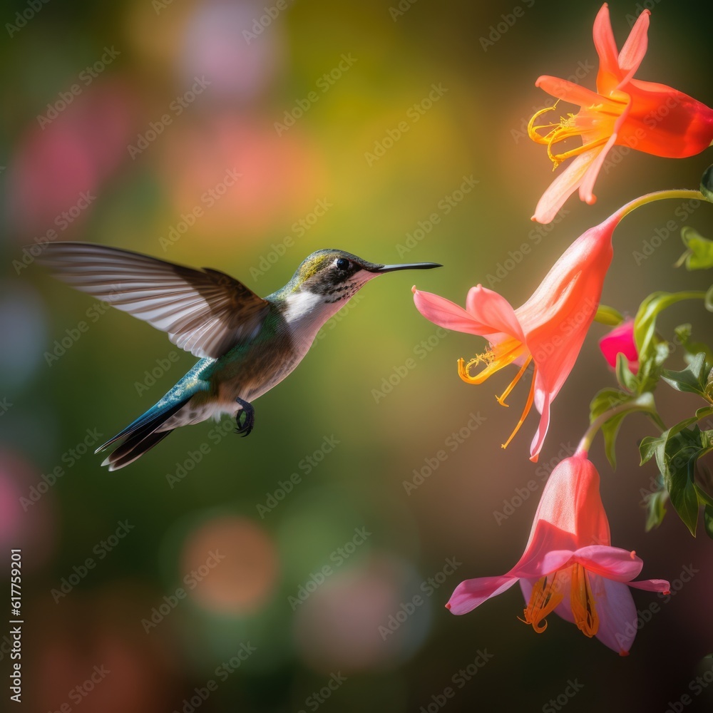 Naklejka premium Hummingbird hovering by pink flower in sunlight, created using generative ai technology