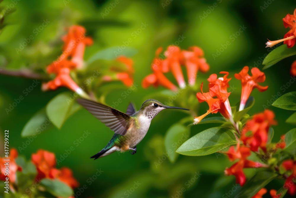 Naklejka premium Hummingbird hovering by red flower in nature, created using generative ai technology