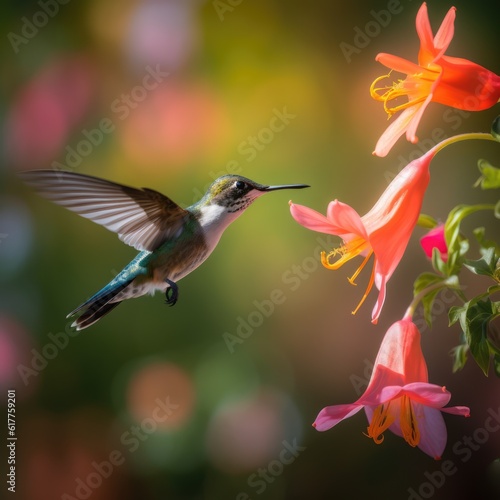 Hummingbird hovering by pink flower in sunlight, created using generative ai technology