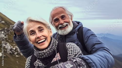 Happy smile elderly couple of hikers in the ascent to the summit take a selfie phone on the highlands landscape around
