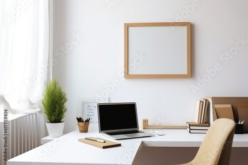 Empty wooden frame with copy space in office on white wall  created using generative ai technology