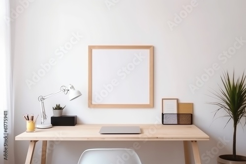 Empty wooden frame with copy space in office on white wall, created using generative ai technology © Future Vision