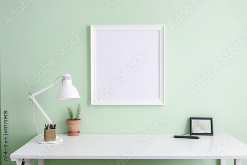 Empty white frame with copy space in office on green wall, created using generative ai technology