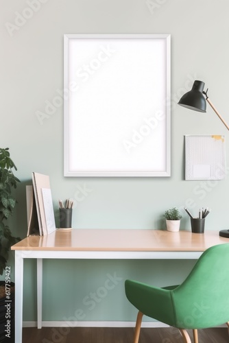 Empty white frame with copy space in office on white wall, created using generative ai technology © Future Vision