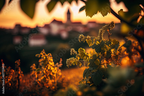 Italian vineyard in the rays of the setting sun