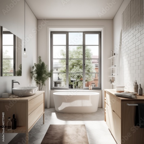 Sunny modern bathroom with french windows and view to street  created using generative ai technology