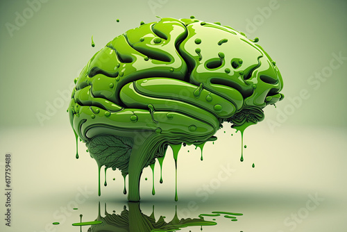 Ecology concept. a brain composed of green moss: in the background a green deciduous forestconcept ecology. Generative AI. photo