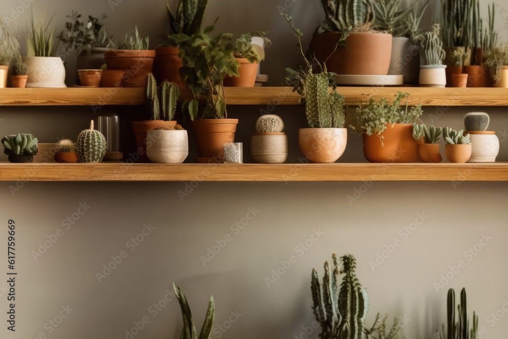 Interior of a Scandinavian room with hipster pots on a brown shelf and a composition of plants, cactus, and succulents. blank walls. Modern and floral home garden design. love of nature. Generative AI