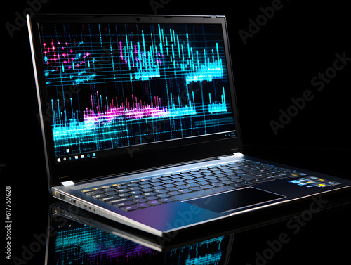 Modern laptop displaying graphs, futuristic technology concept, high-tech design, generative AI