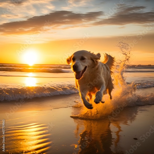 dog golden retriever running on a beach sunset in background 