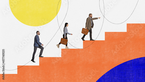 Canvastavla Contemporary art collage with business people walking upstairs over colorful background with geometric shapes