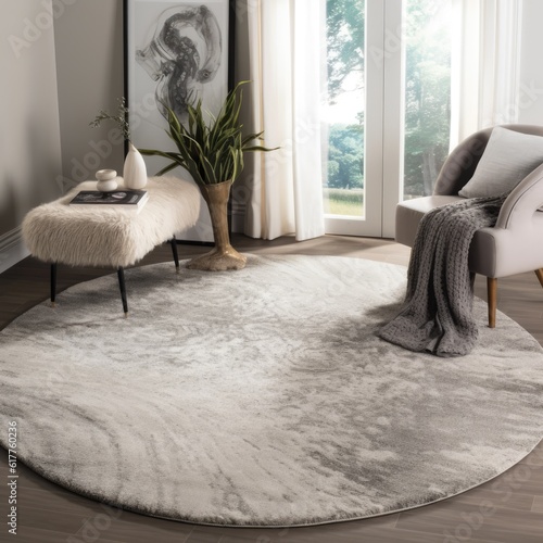 White and grey round rug on floor in living room, created using generative ai technology