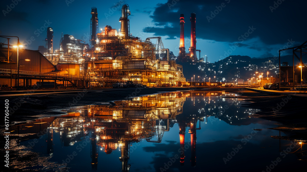 Fototapeta premium Modern Business in Oil Imports and Exports, import and export of crude oil, including petroleum, gasoline, and natural gas. at night factory. Generative AI
