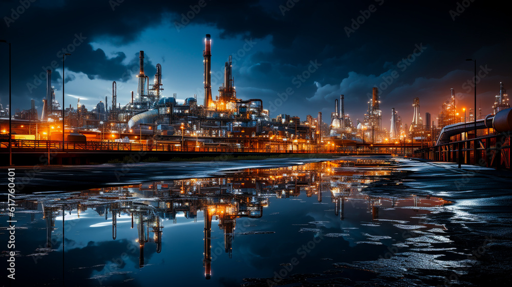 Modern Business in Oil Imports and Exports, import and export of crude oil, including petroleum, gasoline, and natural gas. at night factory. Generative AI