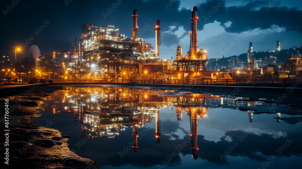Obraz premium Modern Business in Oil Imports and Exports, import and export of crude oil, including petroleum, gasoline, and natural gas. at night factory. Generative AI