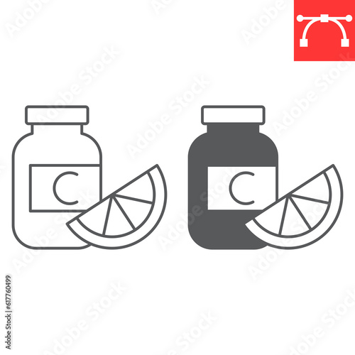 Vitamin C line and glyph icon, supplements and health, vitamin C bottle vector icon, vector graphics, editable stroke outline sign, eps 10.