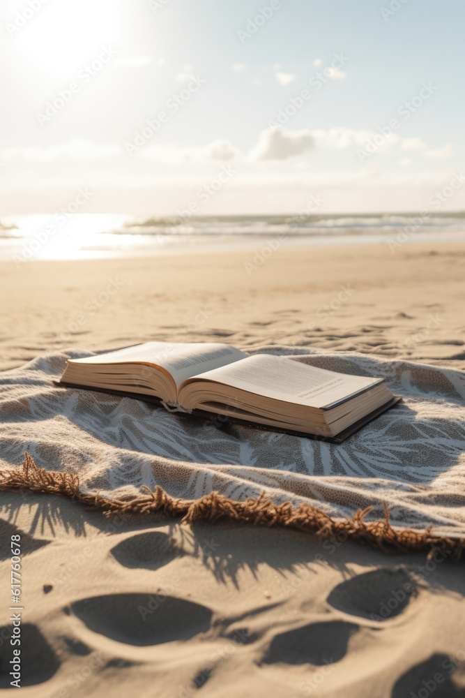 Beige towel with pattern and book on beach, created using generative ai technology Beige towel with pattern and book on beach, created using generative ai technology