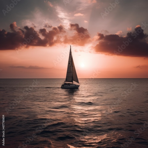 Sunset sky over sailing boat and ocean, created using generative ai technology