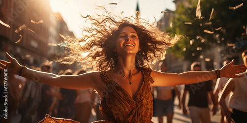 A joyful woman embraces the evening in the city, spreading her arms wide with delight, capturing the magic of the moment and embracing the urban energy. Generative AI