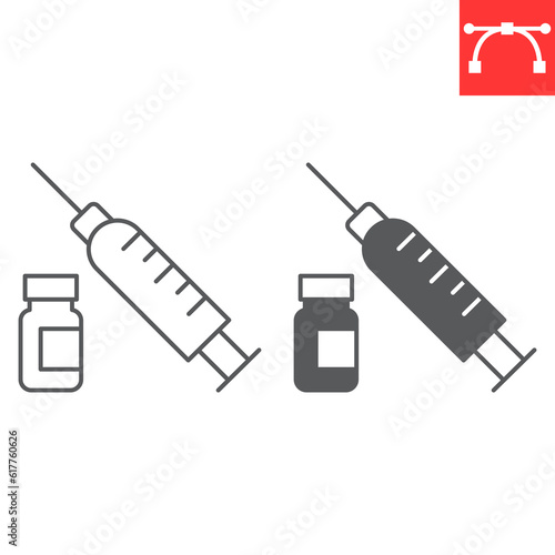 Vitamin injection line and glyph icon, supplements and health, syringe and vial vector icon, vector graphics, editable stroke outline sign, eps 10.