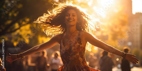A joyful woman embraces the evening in the city, spreading her arms wide with delight, capturing the magic of the moment and embracing the urban energy. Generative AI