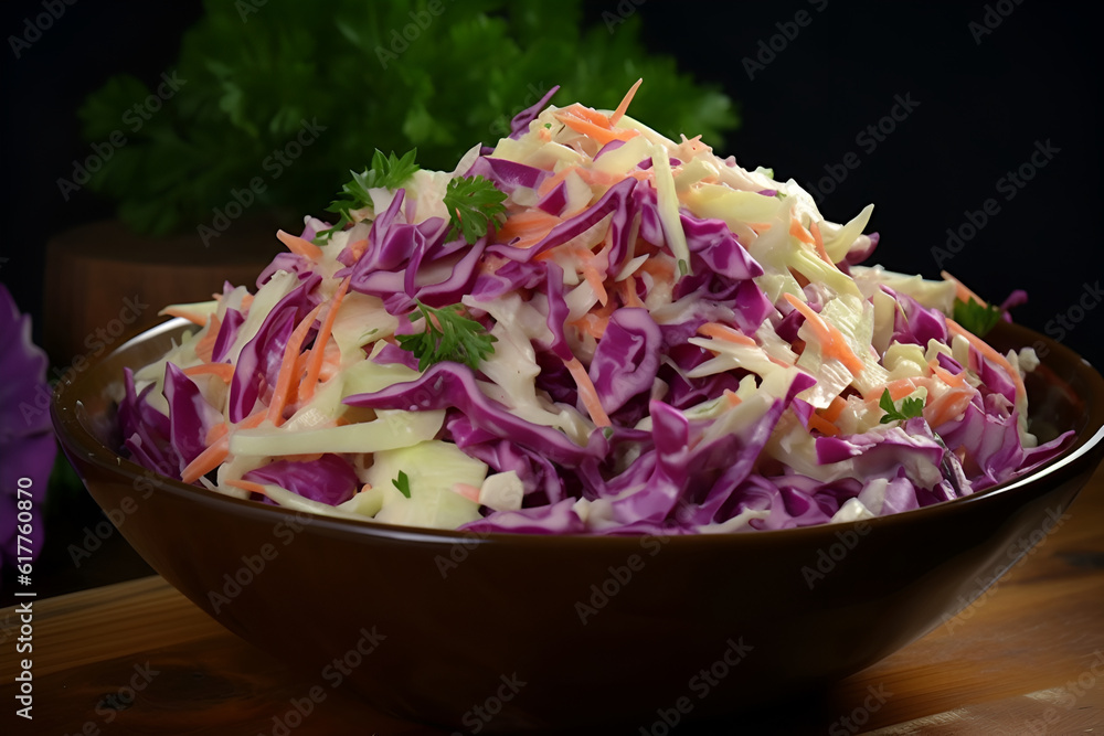 Cabbage salad in red cabbage, sprinkled with parsley, dark background. Generative AI content. Cabbage salad in red cabbage, sprinkled with parsley, dark background. Generative AI content.
