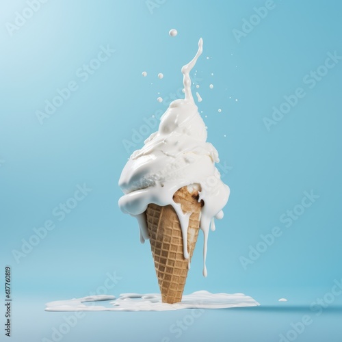 Vanilla ice cream in cone on blue background, created using generative ai technology