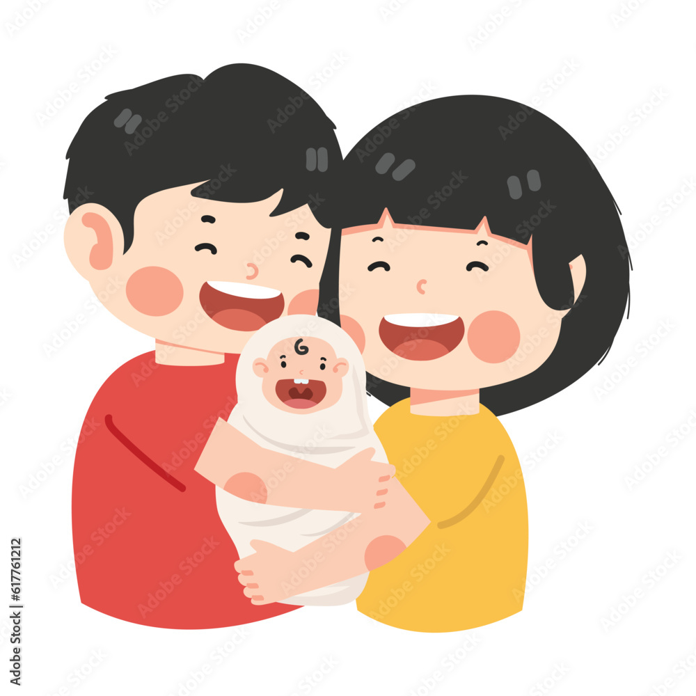 Happy happy mother and father hugging a newborn baby Happy happy mother and father hugging a newborn baby